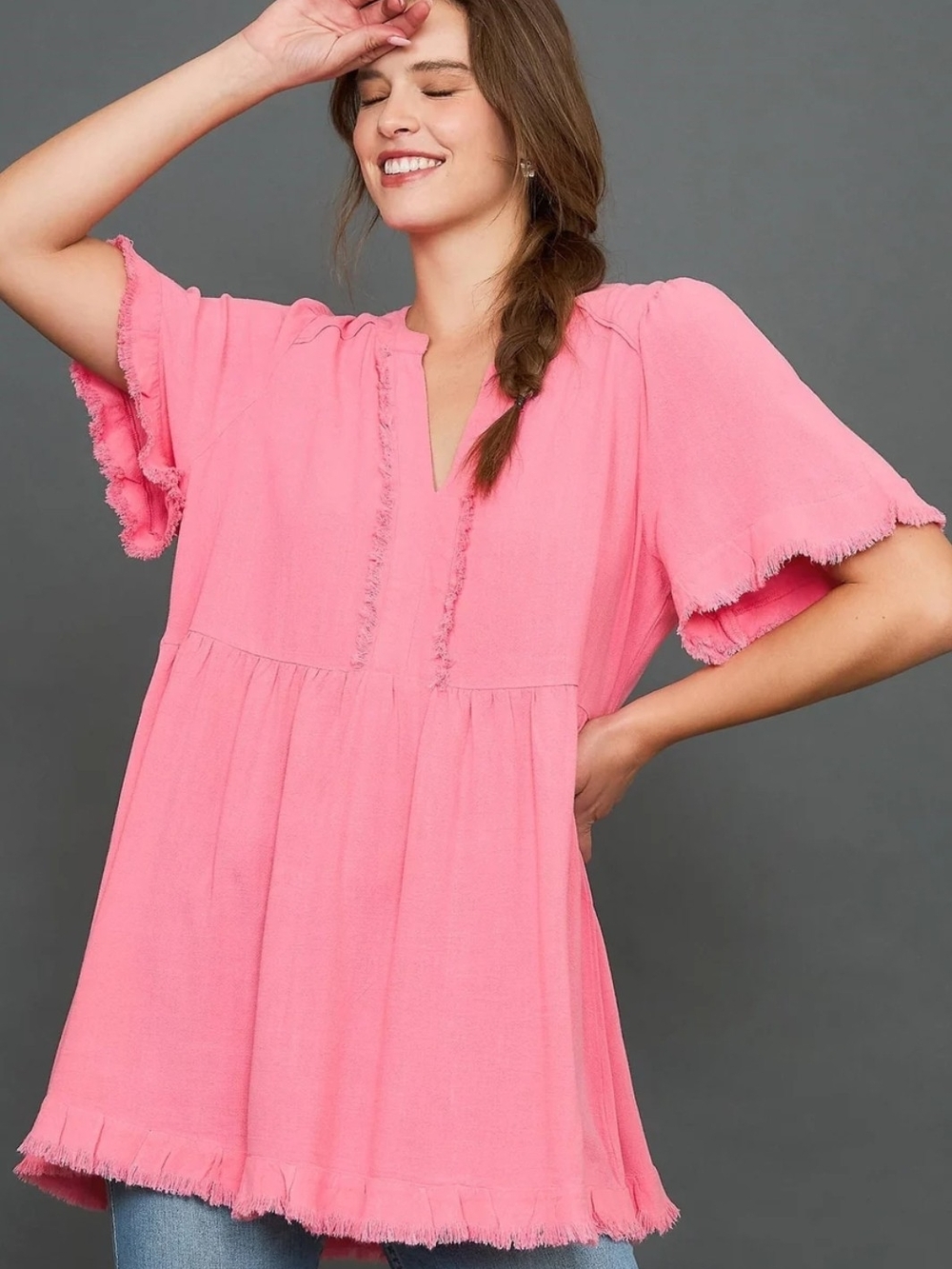Umgee Linen Split-Neck Frayed-Edge Tunic Top